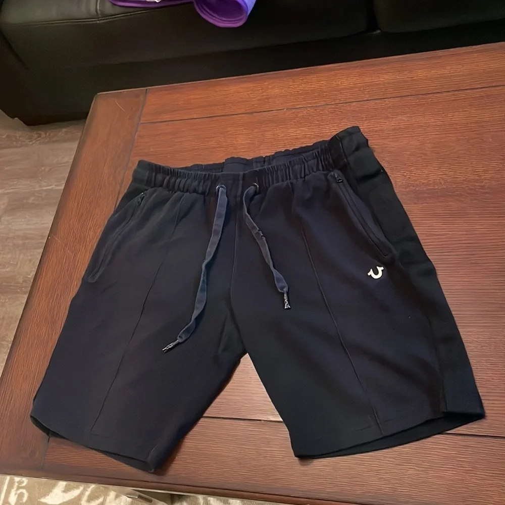 True Religion knit shorts. Large. Black. Metal logo. Some wear